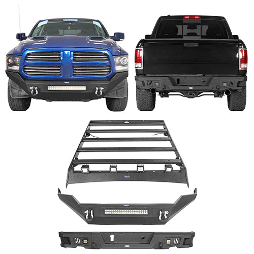 Front Bumper & Rear Bumper & Roof Rack Luggage Carrier for 2013-2018 Dodge Ram 1500 Crew Cab & Quad Cab,Excluding Rebel Rodeo Trail RDG.6000+6005+6004 1