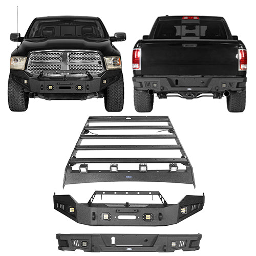 Front Bumper & Rear Bumper & Roof Rack Luggage Carrier for 2013-2018 Dodge Ram 1500 Crew Cab, Excluding Rebel Rodeo Trail RDG.6001+6005+6004 1