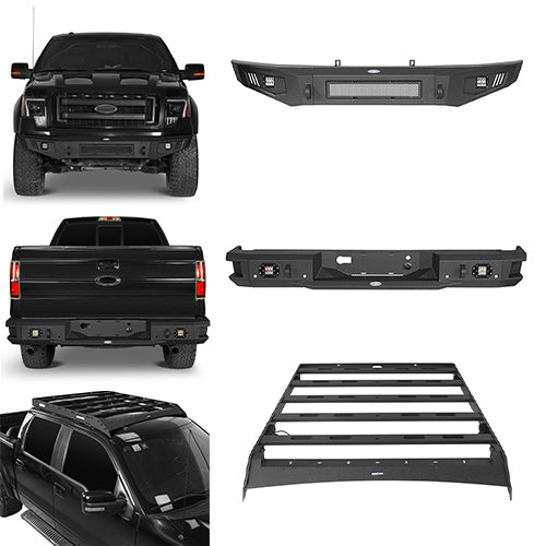 Front Bumper &  Rear Bumper &  Roof Rack Luggage Carrier for 2009-2014 Ford F-150 SuperCrew, Excluding Raptor Rodeo Trail RDG.8205+8201+8203 1